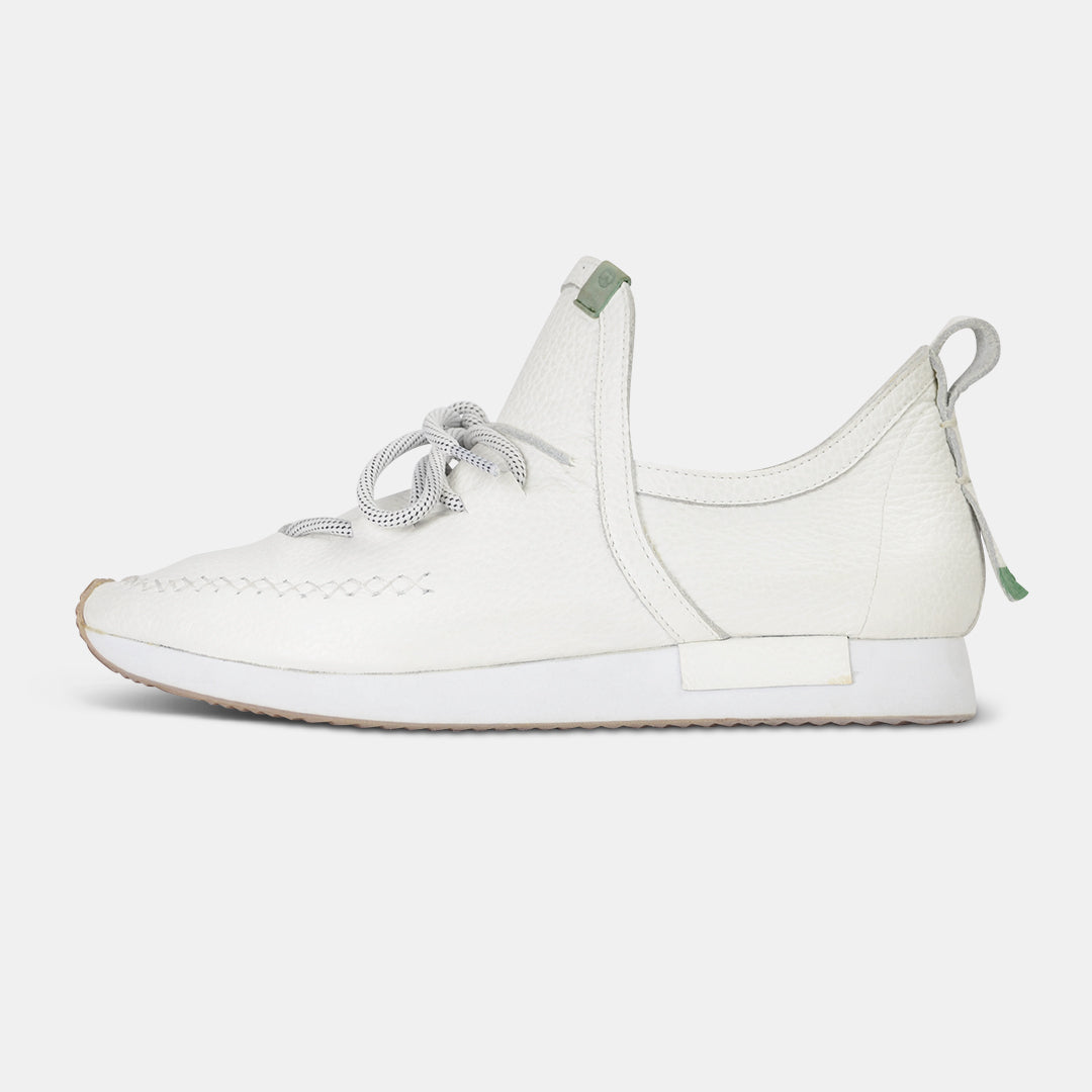 A single profile shot of a casual white leather mid-cut slip-on shoe with unique stitch detailing on the toe.  Round white laces with heel loop pull tab and a white midsole and rubber outsole.
